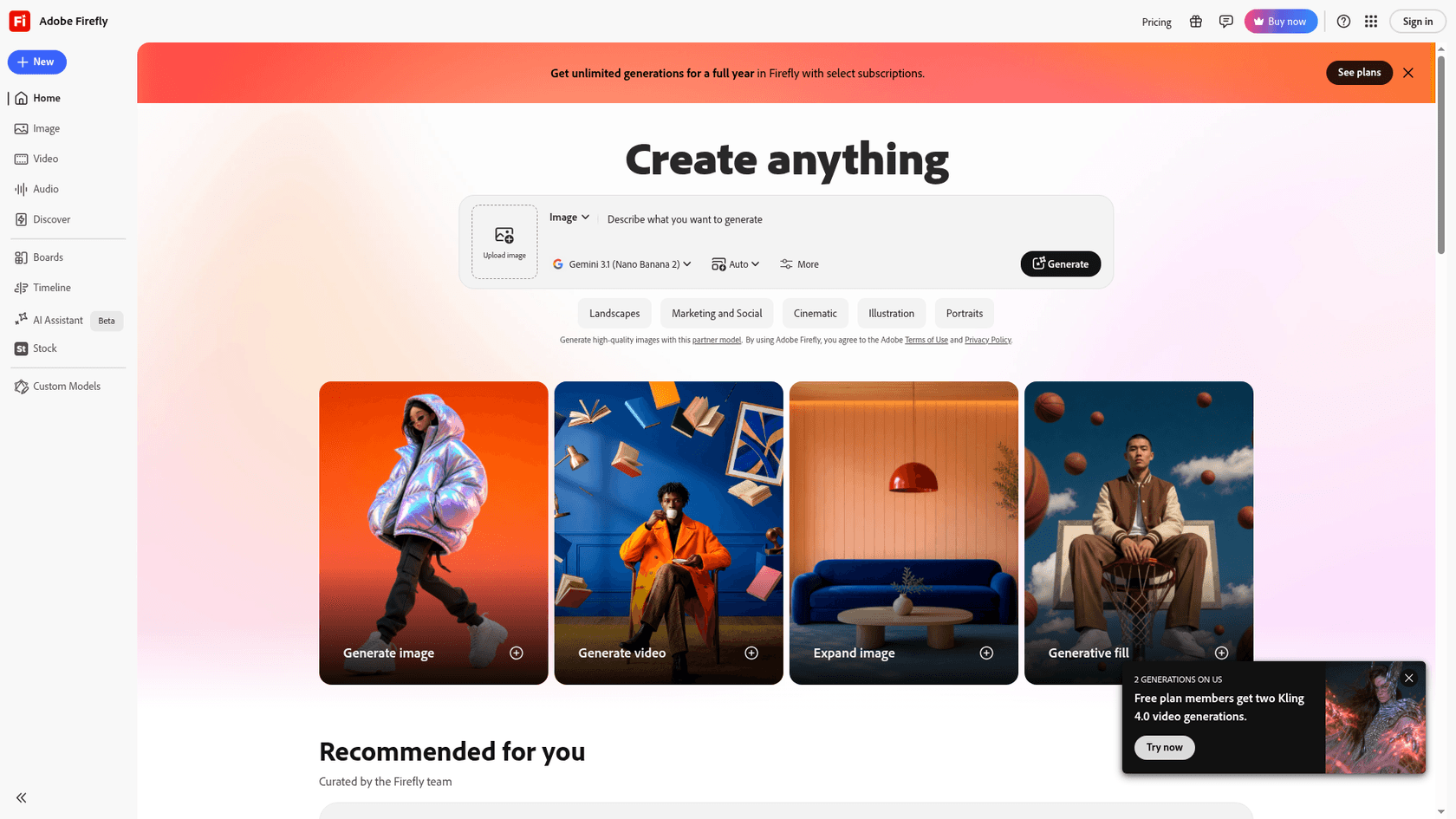 The Adobe Firefly web app home with a Create anything prompt box, a model picker set to Gemini 3.1 (Nano Banana 2), and cards for Generate image, Generate video, Expand image and Generative fill, as taken from Adobe Firefly