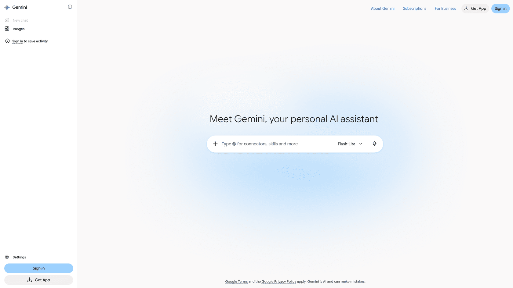 The Gemini web app home with a Meet Gemini, your personal AI assistant prompt box and an Images entry in the left sidebar, as taken from Gemini