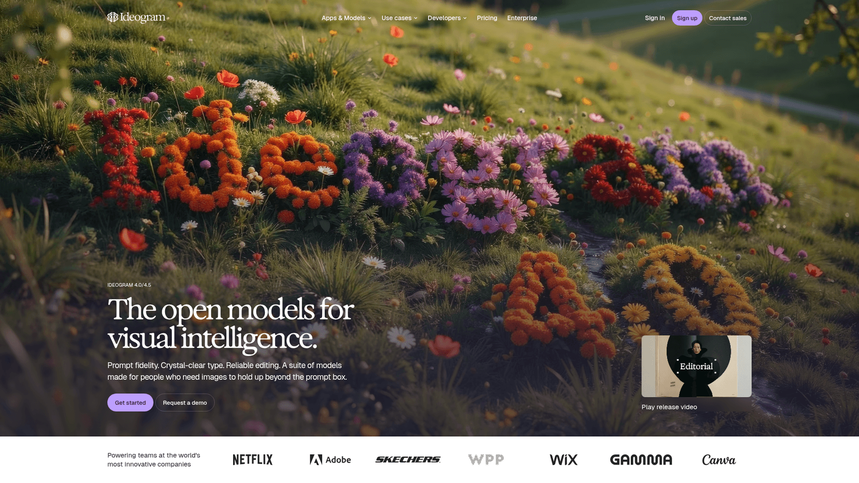 The Ideogram homepage with the headline The open models for visual intelligence, over a hillside of flowers that spell out letters, as taken from Ideogram
