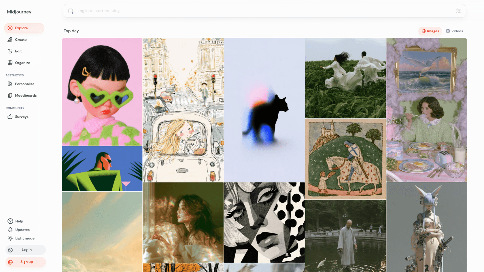 The Midjourney Explore page with a left sidebar for Create, Edit, Organize, Personalize and Moodboards, and a masonry grid of top images of the day, as taken from Midjourney
