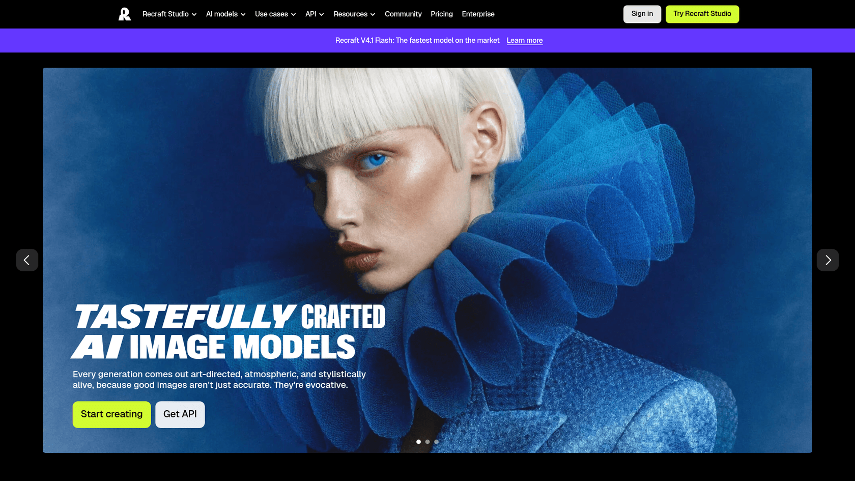 The Recraft homepage with the headline Tastefully crafted AI image models over a fashion portrait, and a banner announcing Recraft V4.1 Flash, as taken from Recraft