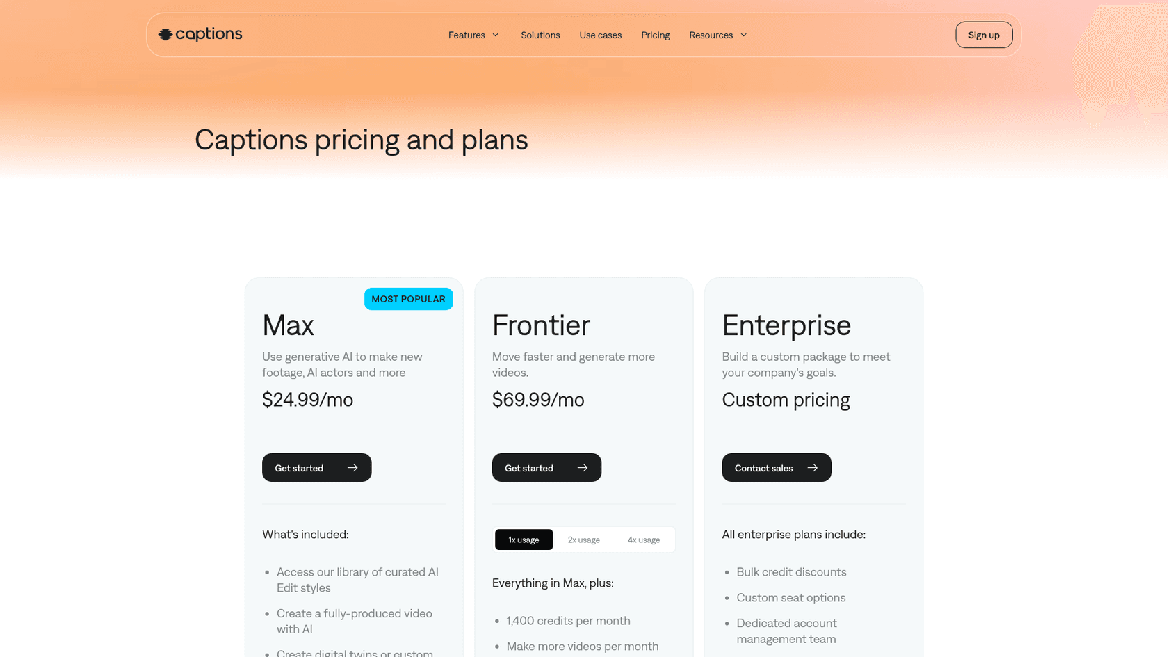 Captions' pricing page showing the Max, Frontier, and Enterprise plans, as taken from Captions