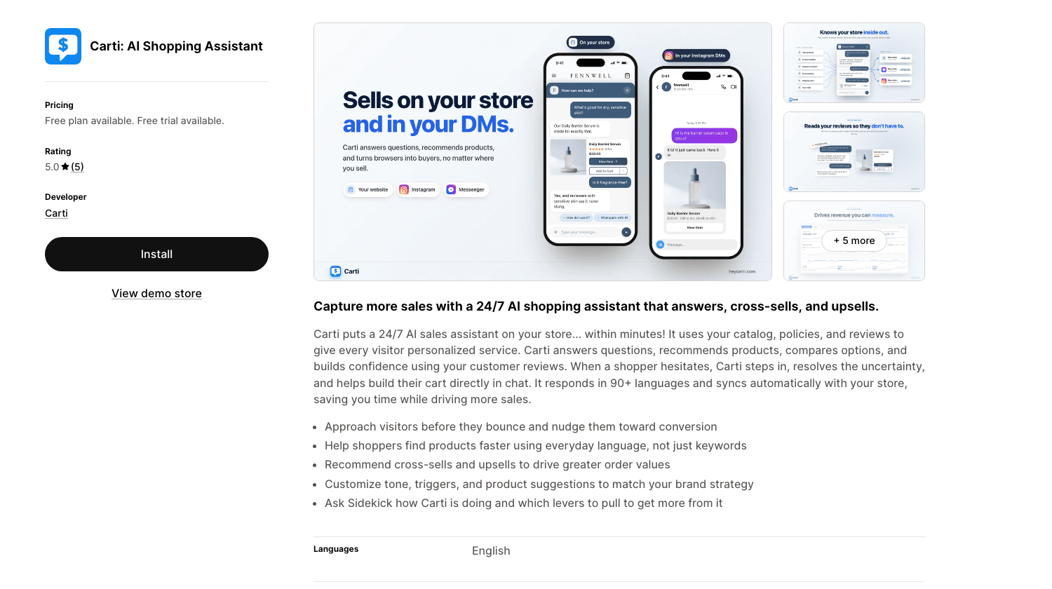 Carti: AI Shopping Assistant listing with its storefront and Instagram DM chat, as shown on the Shopify App Store