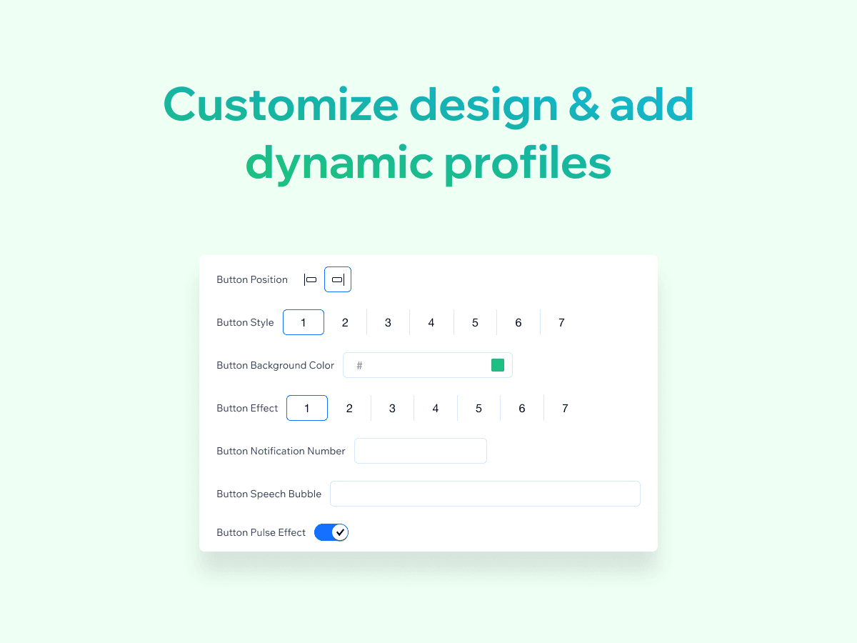 The button settings panel with Button Position, Button Style options 1 to 7, Button Background Color, Button Effect options 1 to 7, Button Notification Number, Button Speech Bubble and a Button Pulse Effect toggle, as taken from the Wix App Market listing