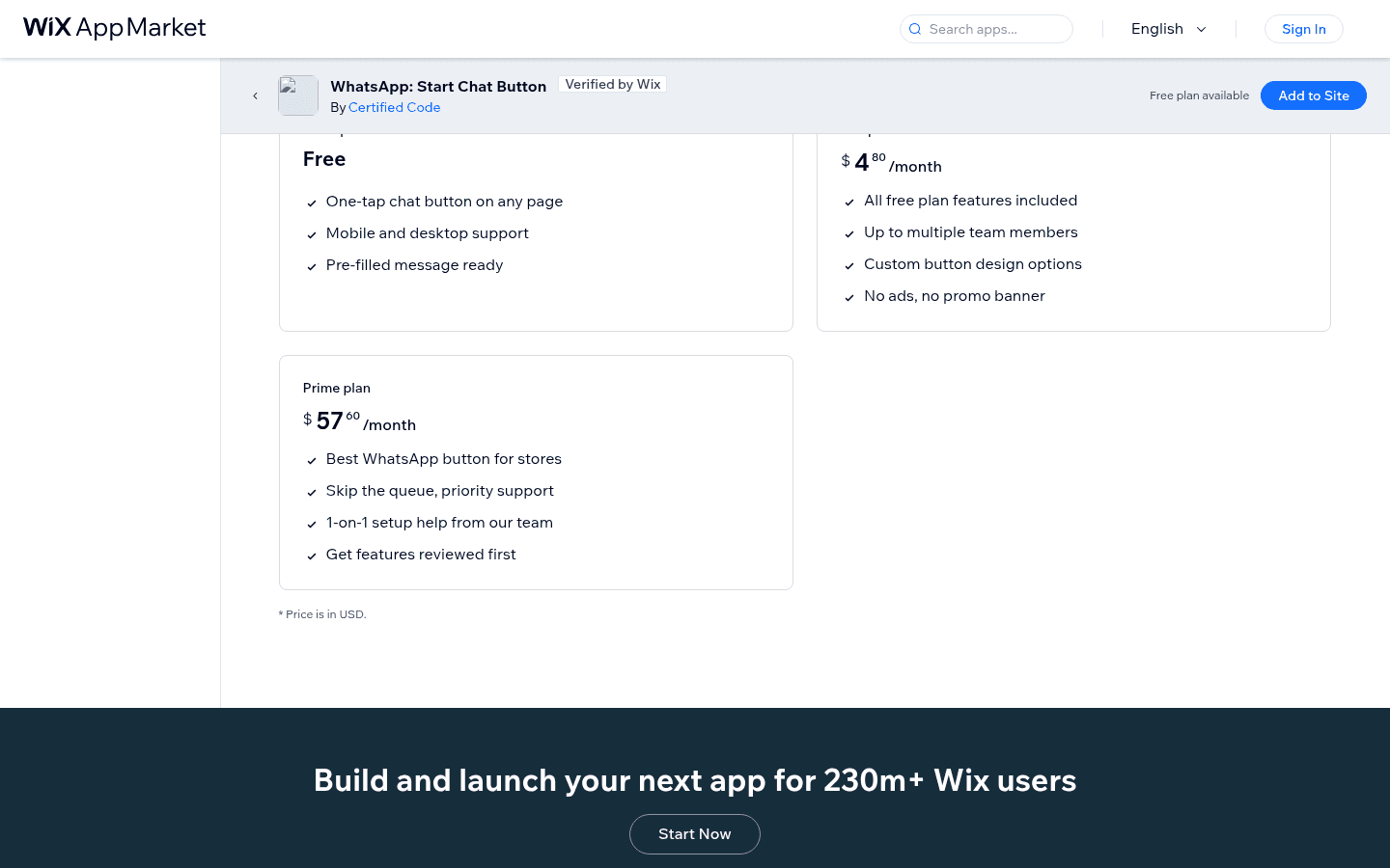 The Wix listing's pricing cards showing Free, Lite at $4.80 a month and Prime at $57.60 a month on yearly billing, with each plan's features listed and prices in USD, as taken from the Wix App Market