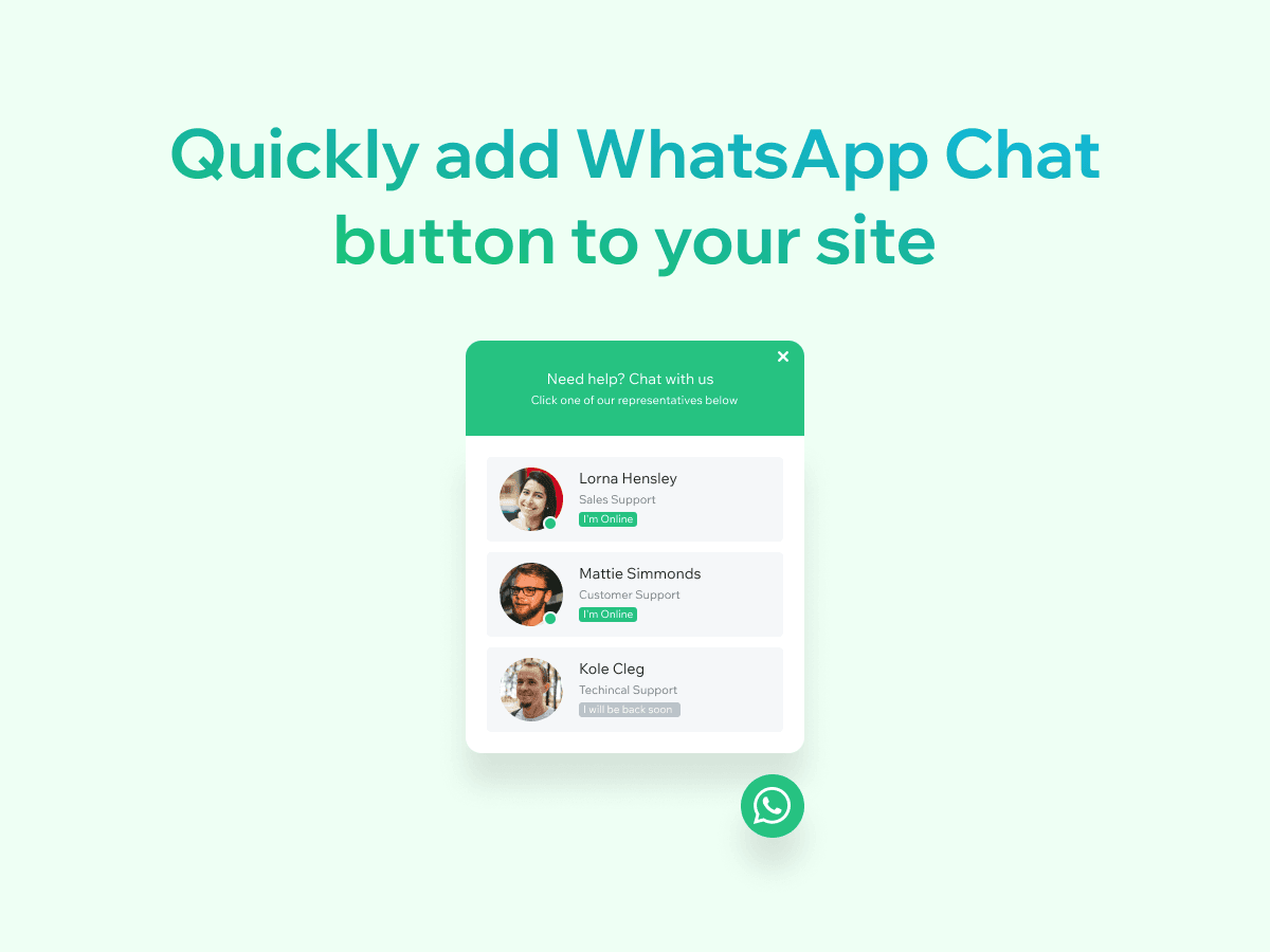 The Certified Code WhatsApp chat widget open on a site, with a green header reading Need help? Chat with us and three representative profiles marked online or back soon, as taken from the Wix App Market listing