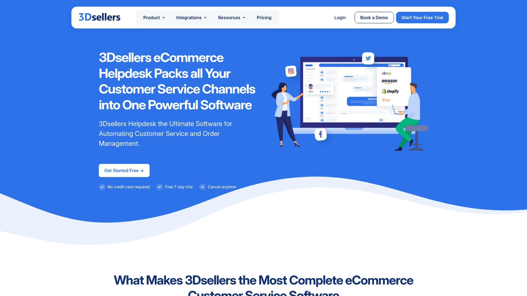 3Dsellers' helpdesk page with a multichannel inbox illustration showing eBay, Amazon, Shopify and Etsy messages and social icons, under the headline that its ecommerce helpdesk packs all your channels into one software, as taken from 3Dsellers