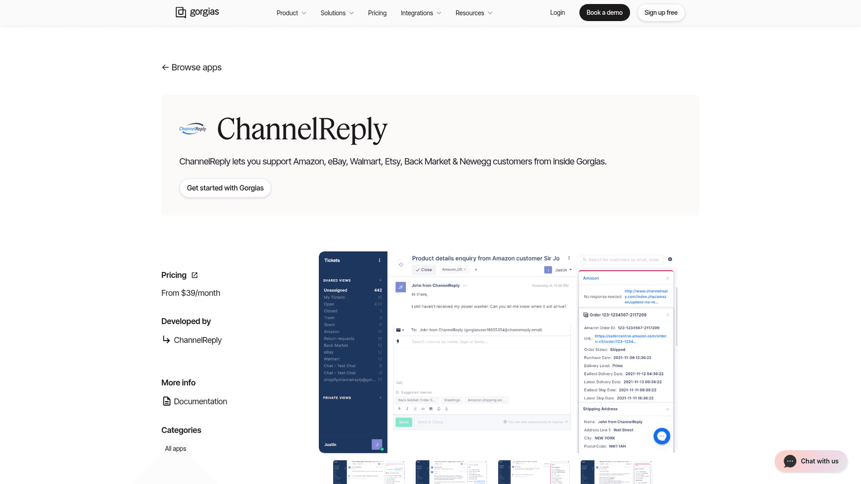 Gorgias's app directory listing for ChannelReply, with a screenshot of a Gorgias ticket from an Amazon customer beside an Amazon order panel showing order ID, purchase date and shipping address, as taken from Gorgias