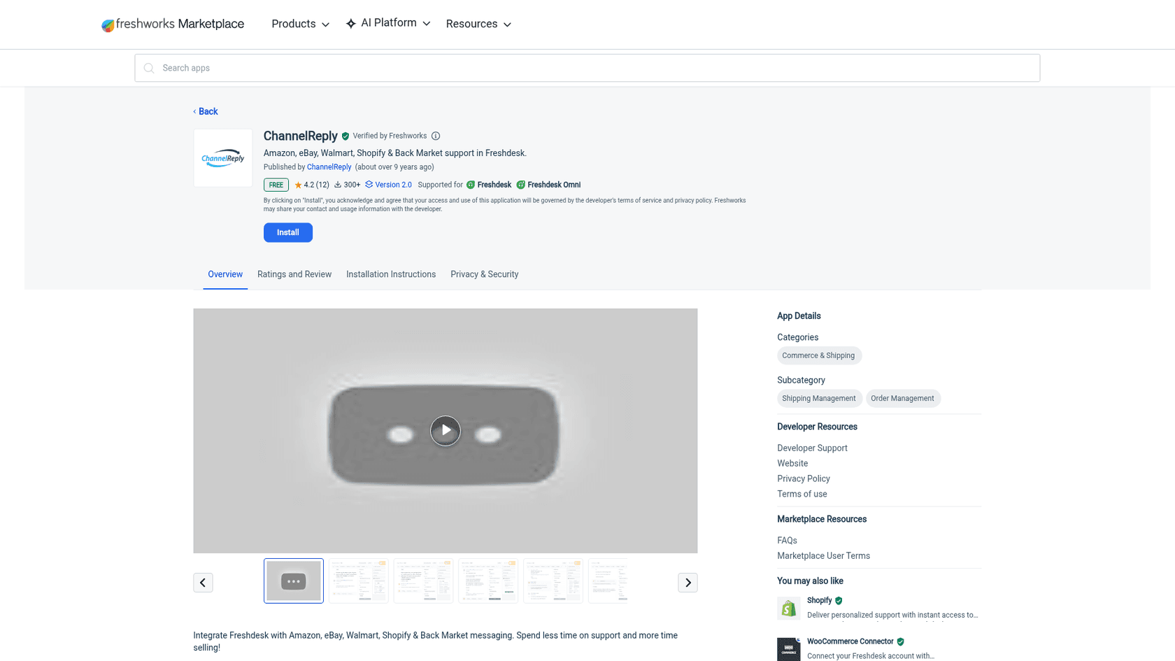 The ChannelReply listing on the Freshworks Marketplace, marked Free with a 4.2 rating from 12 reviews and 300+ installs, supported for Freshdesk and Freshdesk Omni, as taken from Freshworks
