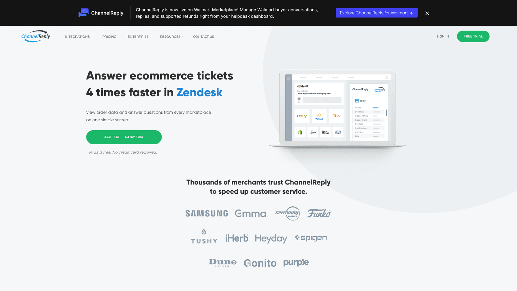 ChannelReply's homepage, headlined "Answer ecommerce tickets 4 times faster in Zendesk", with a 14-day free trial button and a laptop showing Amazon, eBay, Walmart and Etsy tickets beside an order panel, as taken from ChannelReply
