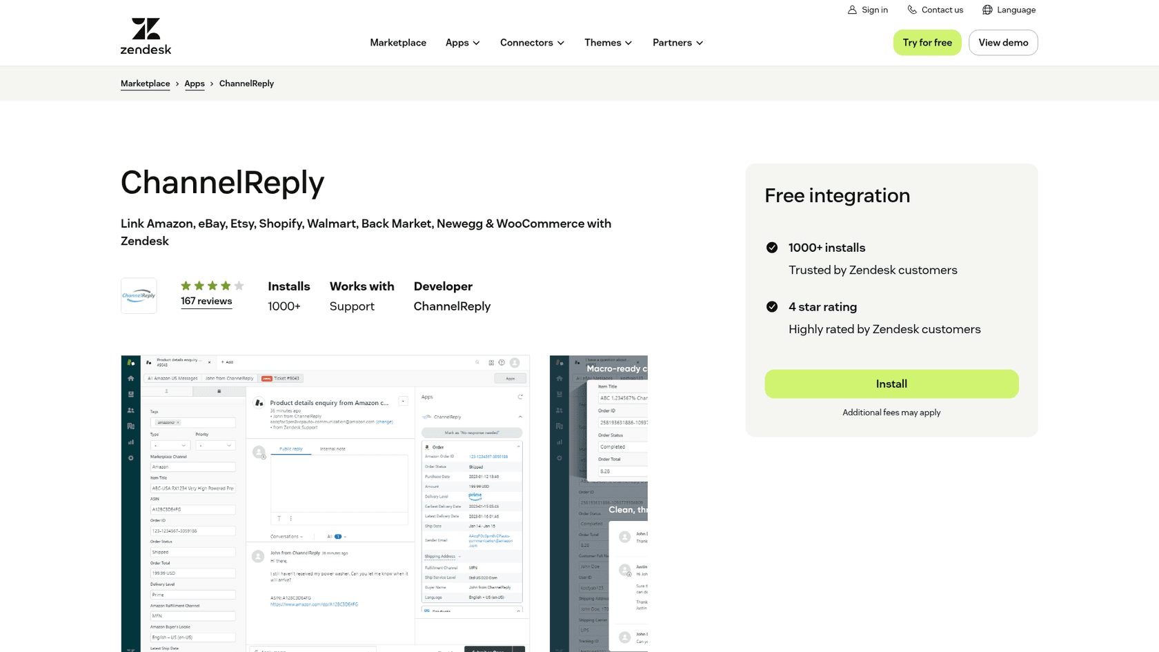 The ChannelReply listing on the Zendesk Marketplace, marked as a Free integration with 1000+ installs and a 4 star rating, with a note that additional fees may apply, as taken from Zendesk