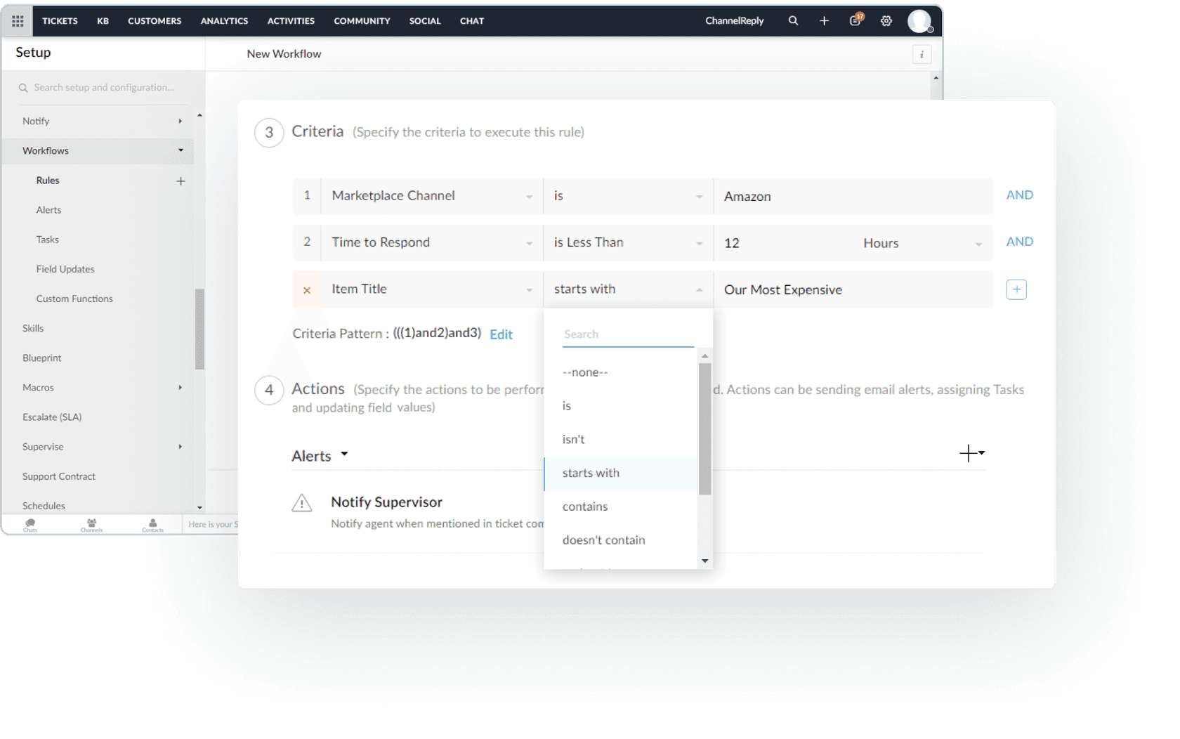 A Zoho Desk workflow rule built on ChannelReply fields, with criteria Marketplace Channel is Amazon, Time to Respond is less than 12 hours and Item Title starts with Our Most Expensive, and a Notify Supervisor alert action, as taken from ChannelReply