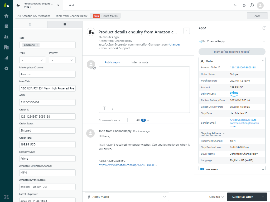 An Amazon product enquiry open in Zendesk, with ChannelReply custom fields like ASIN, order ID and delivery level on the left, a "Mark as No response needed" button and Amazon order details in the ChannelReply sidebar on the right, as taken from the Zendesk Marketplace