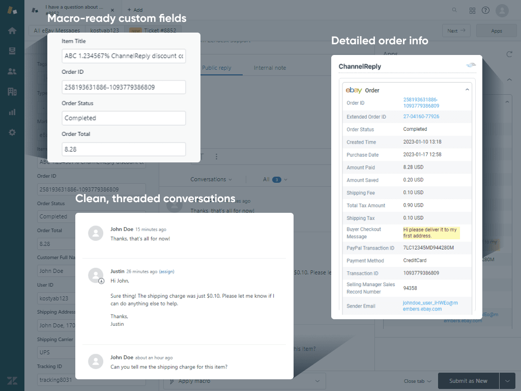An eBay ticket in Zendesk with ChannelReply: macro-ready custom fields like item title, order ID, status and total on the left, a threaded conversation in the middle, and a detailed eBay order panel with amounts, taxes and the buyer's checkout message on the right, as taken from the Zendesk Marketplace