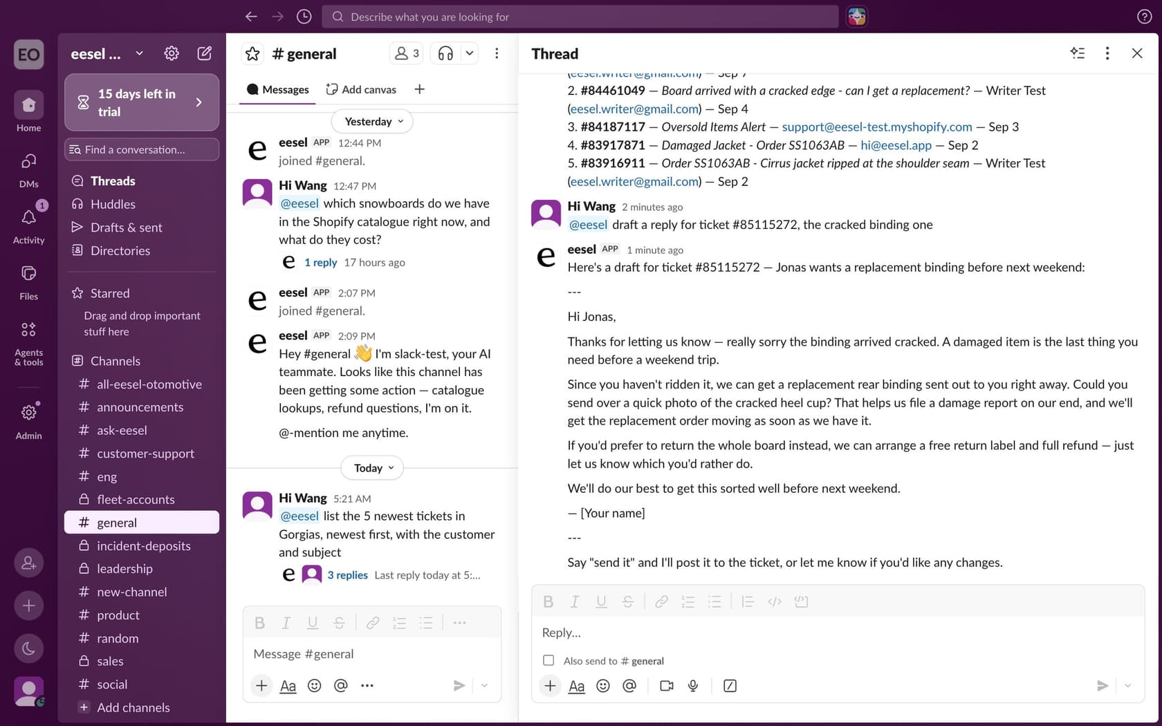 An eesel draft reply posted in a Slack thread after a teammate asked for one, ending with a note that it will only post the reply when told to