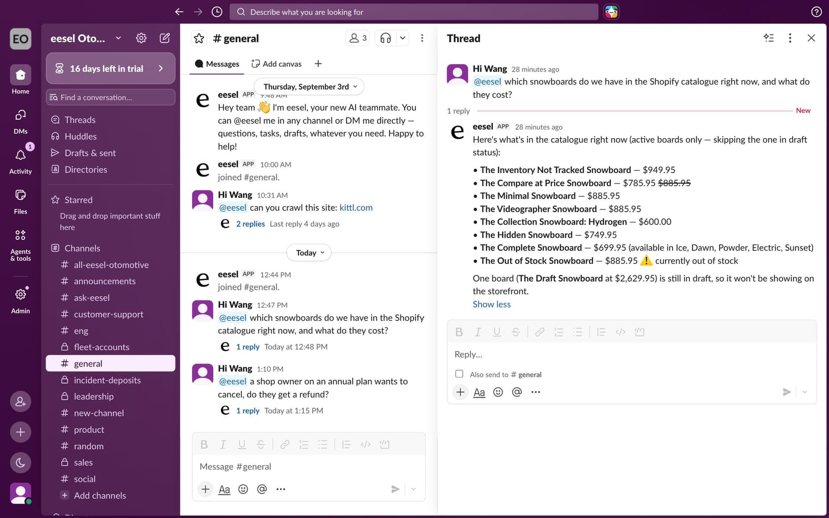eesel answering a teammate's @mention in a Slack thread with a list of Shopify catalogue products and prices, next to a general channel where eesel introduced itself as a new AI teammate
