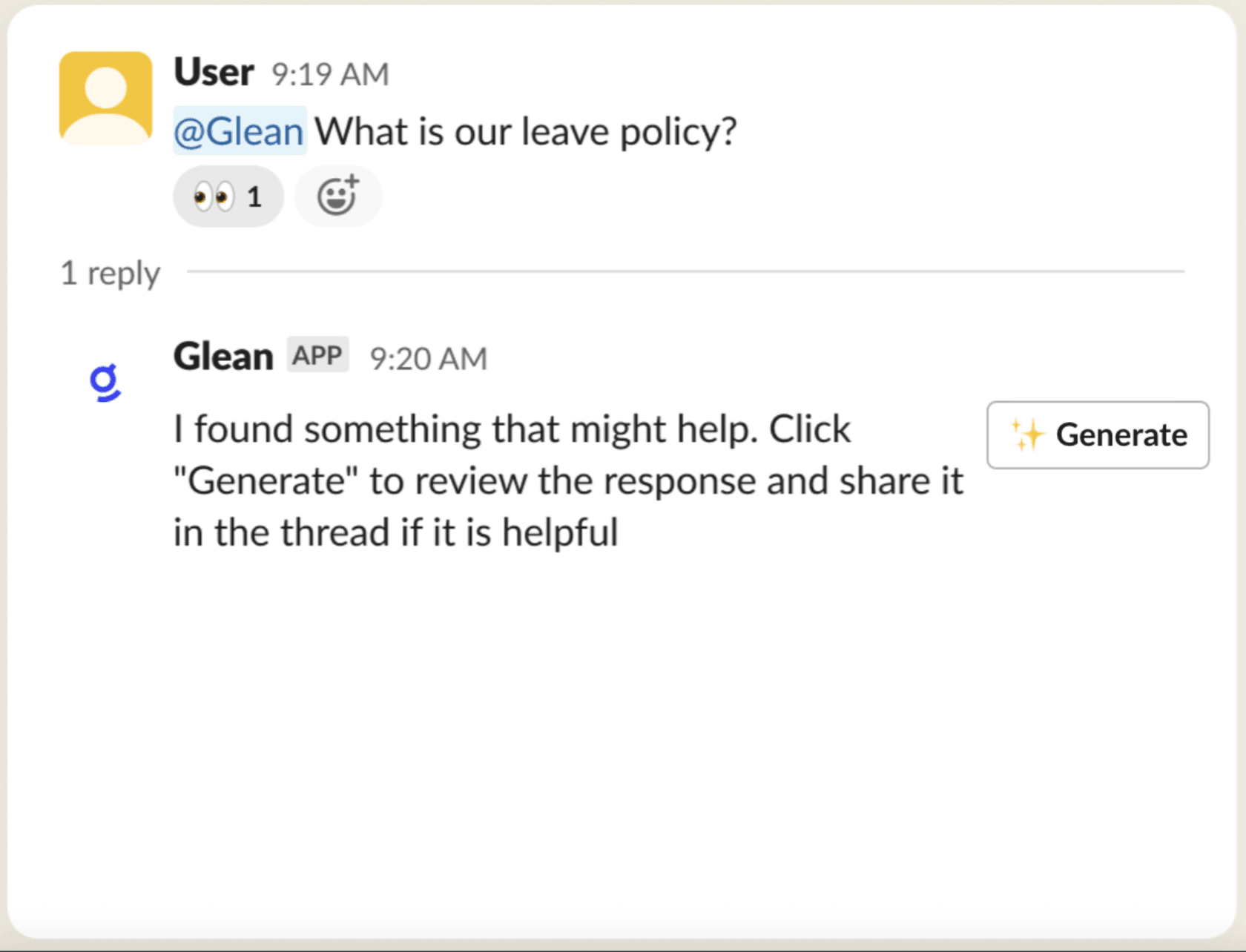 Glean replying in a Slack thread to "@Glean What is our leave policy?" with a Generate button to review the answer before sharing it, as taken from Glean's docs