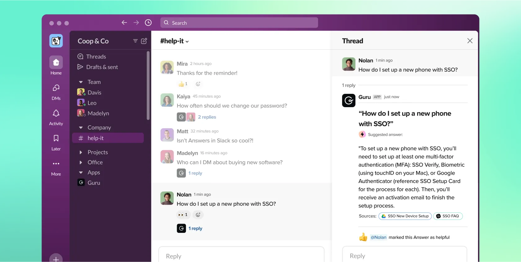 Guru's Knowledge Agent answering "How do I set up a new phone with SSO?" in a Slack help-it thread, with a suggested answer and two cited source Cards, as taken from Guru