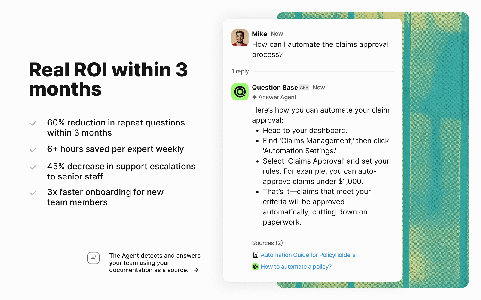 Question Base's Answer Agent replying to "How can I automate the claims approval process?" in a Slack thread with four steps and two cited sources, as taken from Question Base's Slack Marketplace listing
