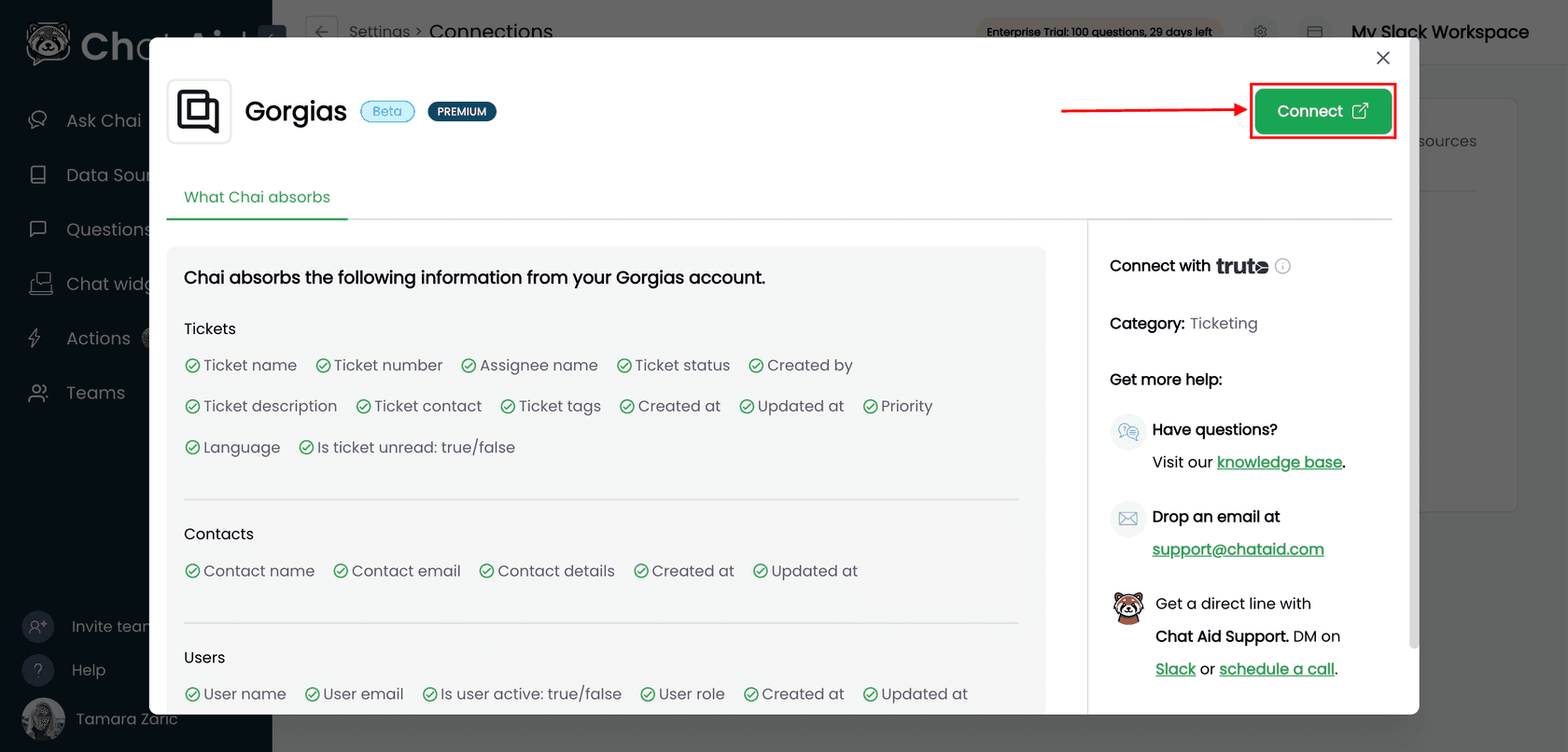 Chat Aid's Gorgias connector panel marked Beta and Premium, listing the ticket, contact and user fields Chai absorbs, as taken from the Gorgias help center