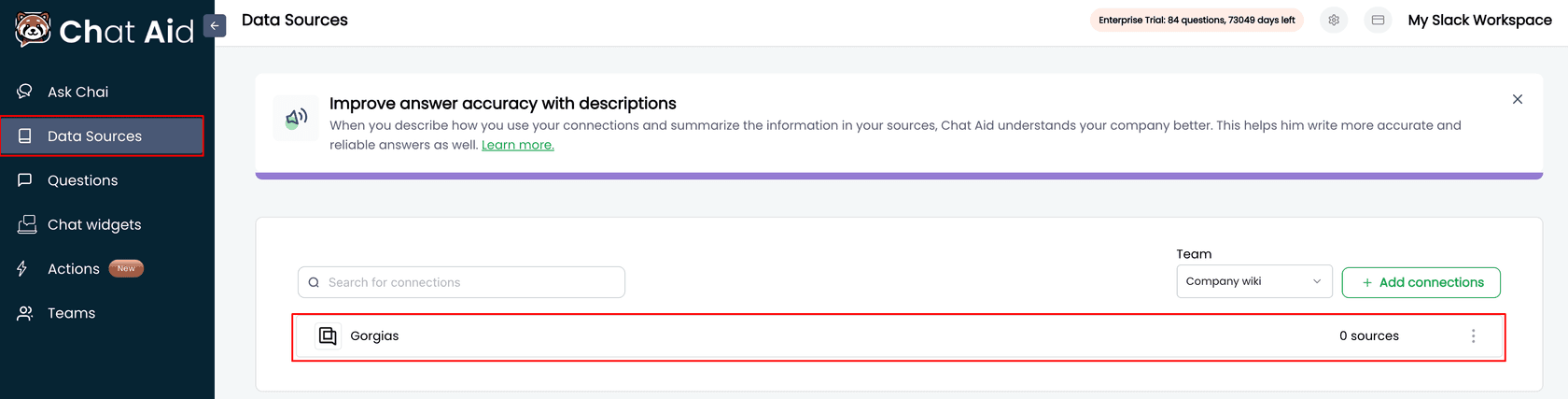 Chat Aid's Data Sources screen with a connected Gorgias source and the Ask Chai, Questions, Chat widgets, Actions and Teams menu, as taken from the Gorgias help center
