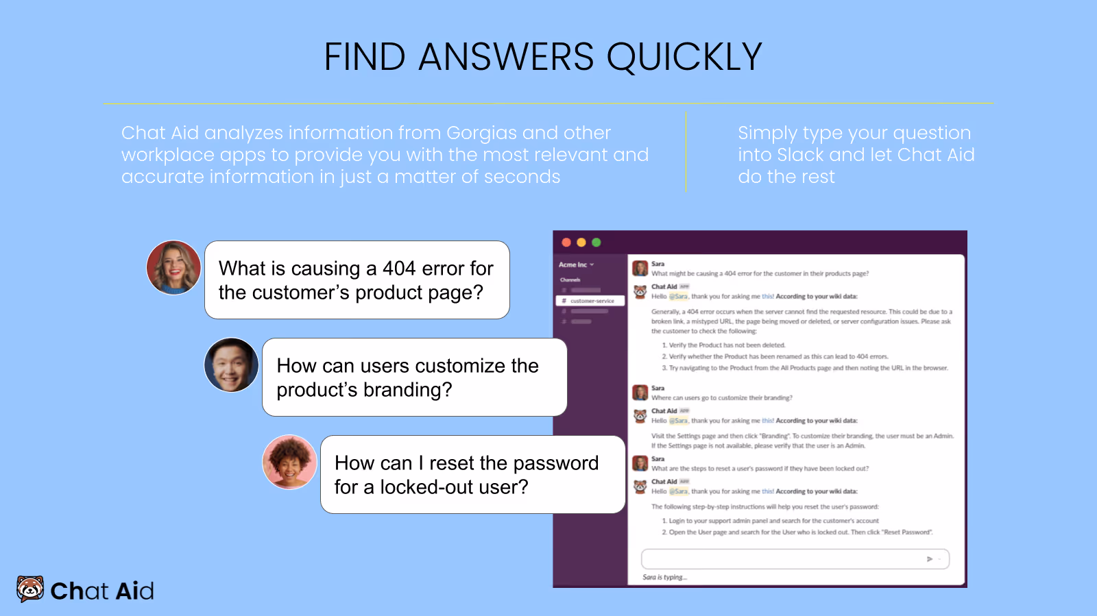 Chat Aid answering three support questions in a Slack customer-service channel, each reply prefaced with According to your wiki data, as taken from the Gorgias app store