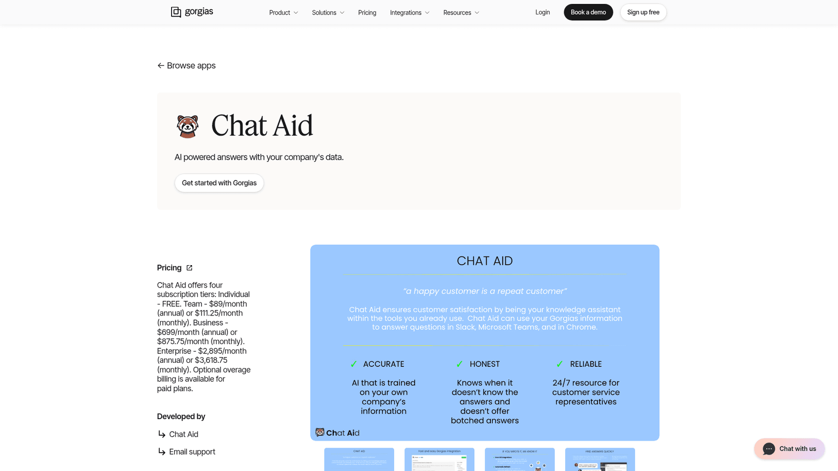Chat Aid's listing on the Gorgias app store, quoting four tiers from a free Individual plan to Enterprise, as taken from Gorgias