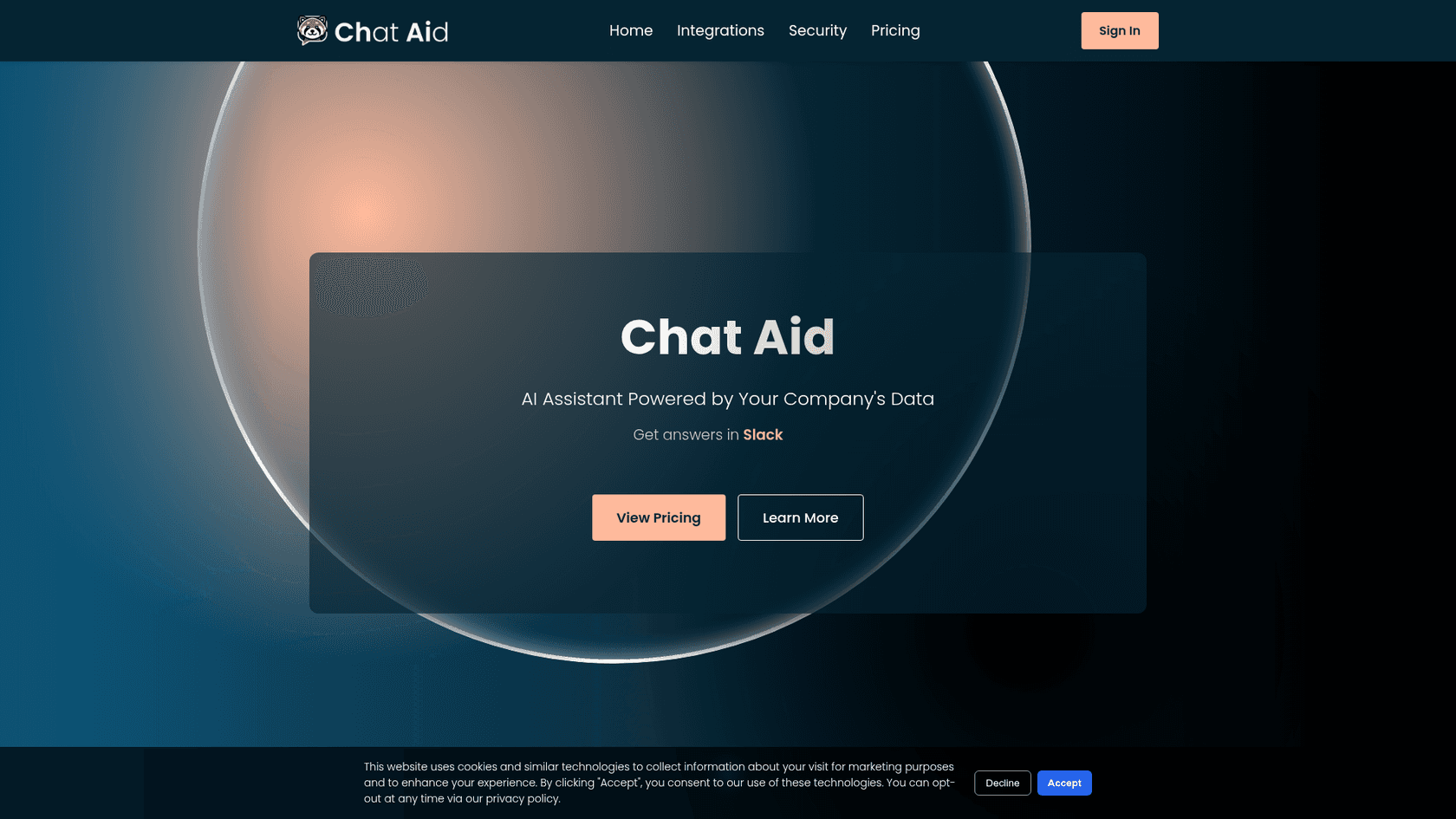 Chat Aid homepage with the tagline AI Assistant Powered by Your Company's Data and a Get answers in Slack line, as taken from Chat Aid