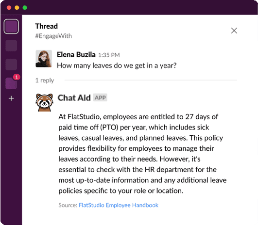 Chat Aid replying in a Slack thread with an answer and a linked source document, as taken from Chat Aid