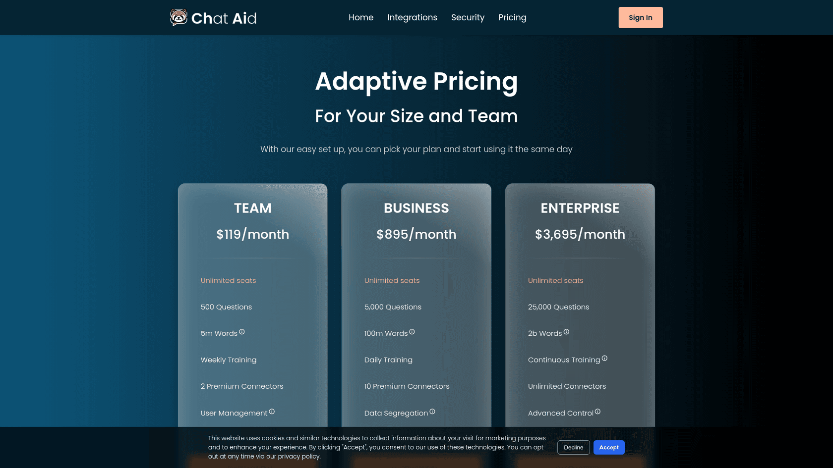 Chat Aid's pricing page showing the Team, Business and Enterprise plans with questions, words and connectors per plan, as taken from Chat Aid