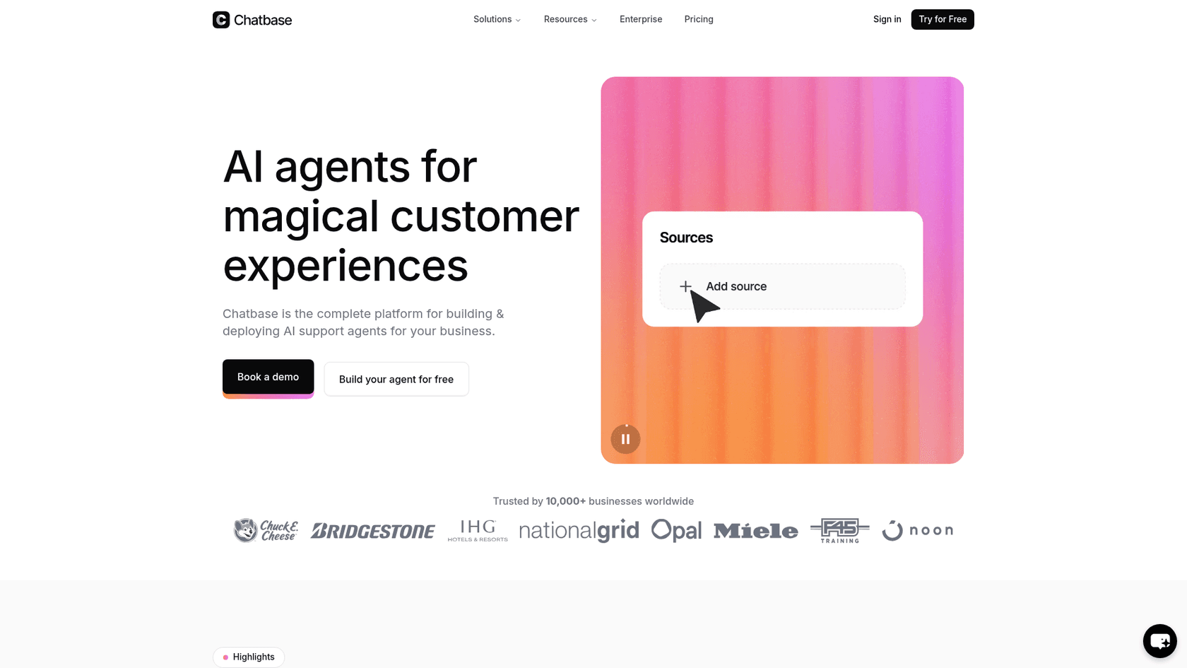 Chatbase-Startseite mit sichtbarer Chat-Sources-Sidebar