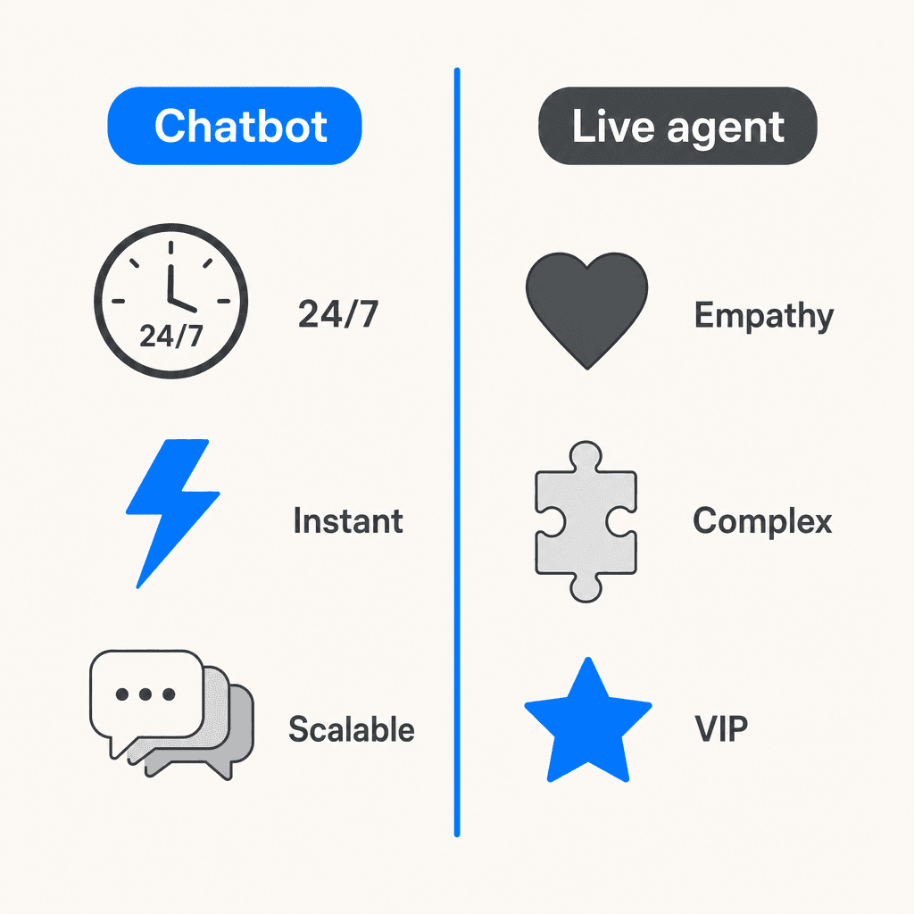 Comparison diagram showing chatbot strengths (24/7, instant, scalable) versus live agent strengths (empathy, complex issues, VIP accounts)