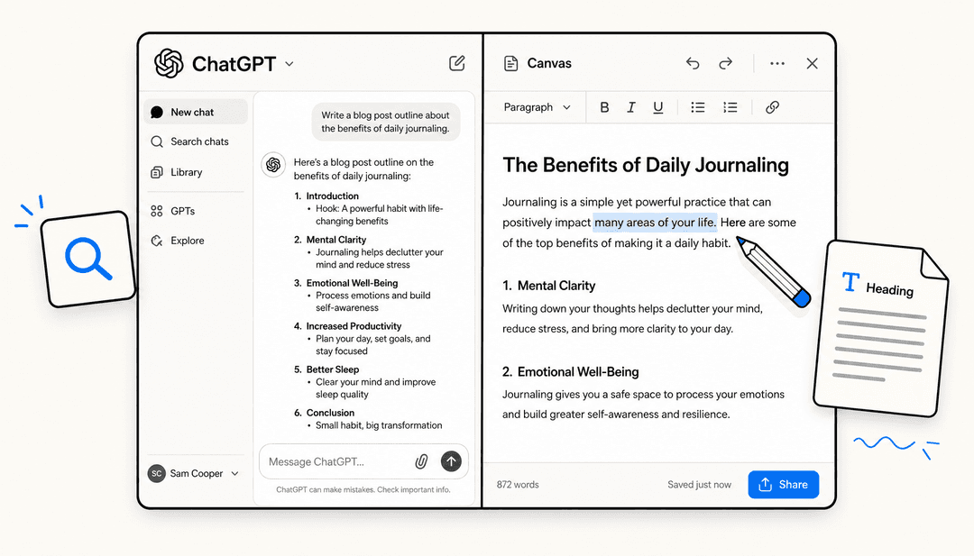 ChatGPT open in a browser with a blog post draft in Canvas mode and a user editing inline
