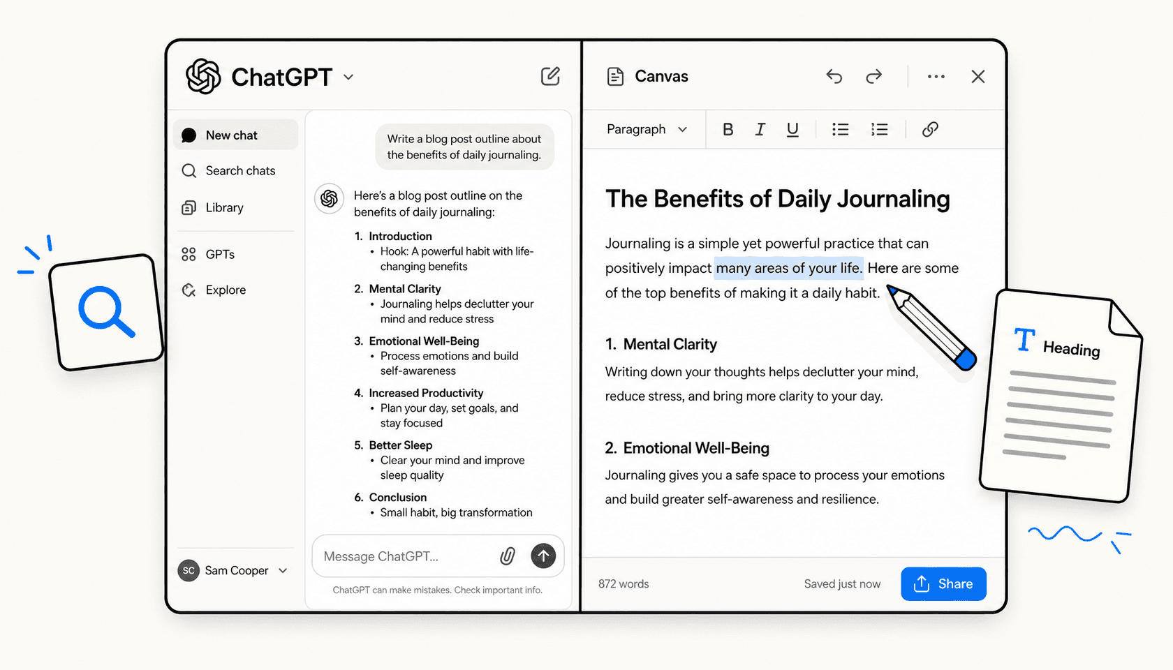 ChatGPT open in a browser with a blog post draft in Canvas mode and a user editing inline