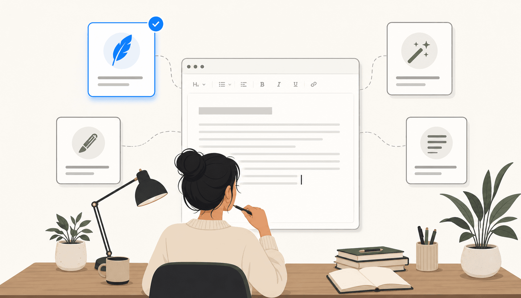 A blog writing workspace surrounded by multiple AI tool option panels, one highlighted in eesel blue as the selected choice