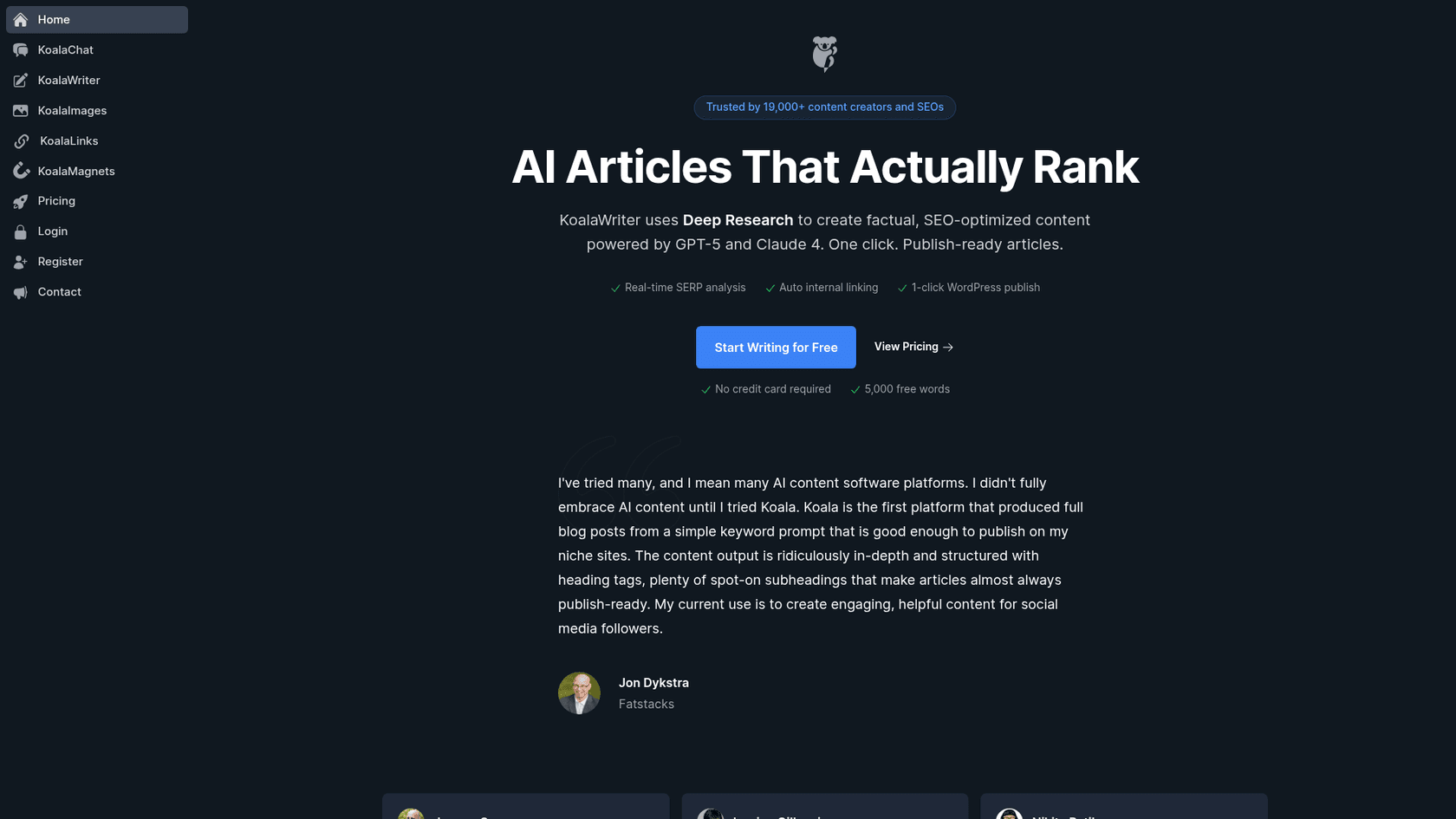 Koala AI homepage showing one-click article generation and SEO-optimized output