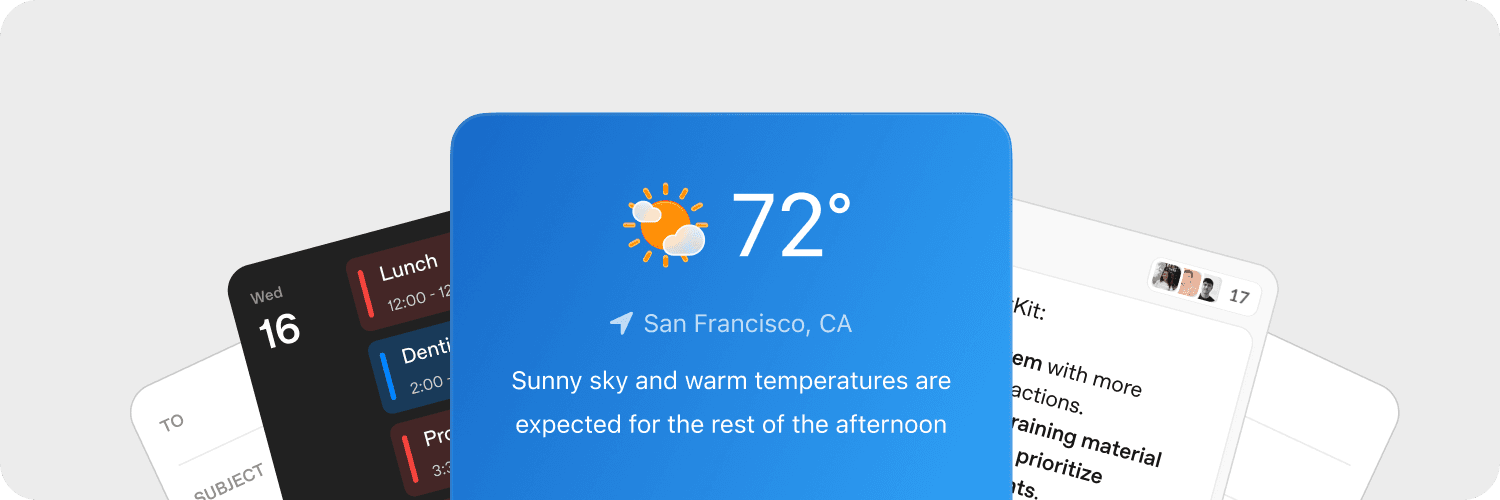 ChatKit widget examples including a weather card, a calendar list and a message composer, as taken from OpenAI's developer docs