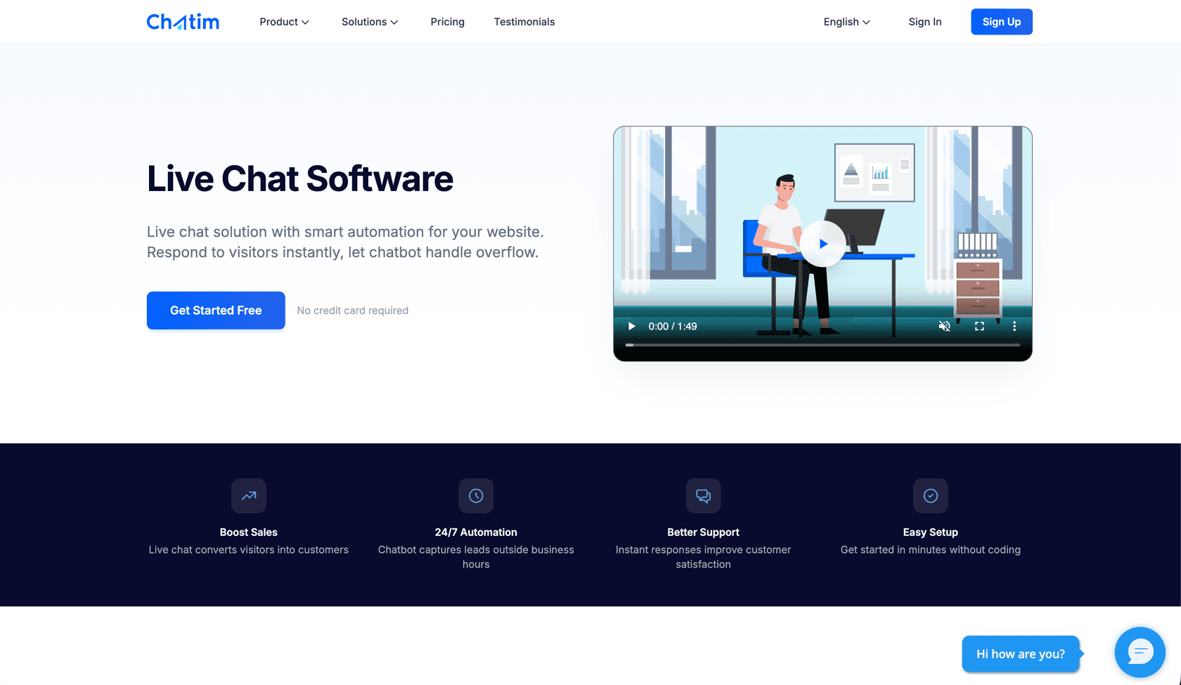Chatim landing page showing its live chat widget and AI chatbot for websites, as taken from Chatim