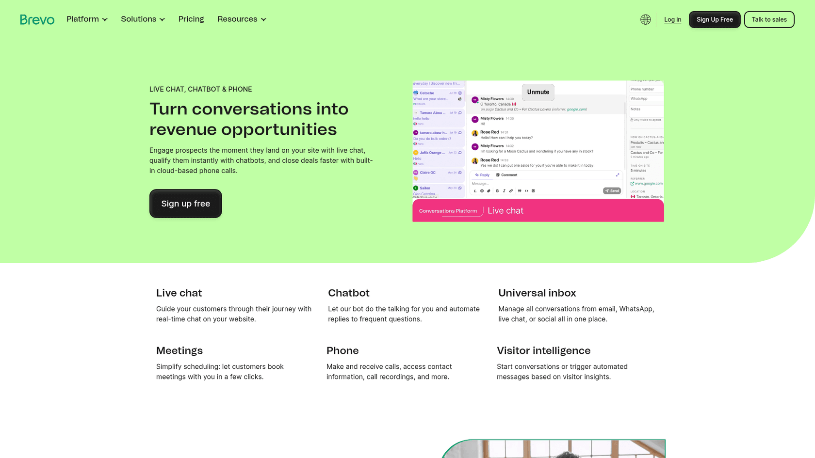 The Brevo Conversations page with the headline Turn conversations into revenue opportunities, an inbox showing a live chat with a visitor from Toronto, and feature cards for live chat, chatbot, universal inbox, meetings, phone and visitor intelligence, as taken from Brevo