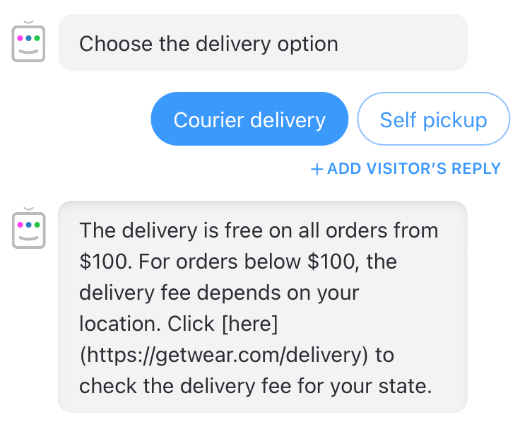 A Chatra chatbot scenario where the bot asks Choose the delivery option, offers Courier delivery and Self pickup buttons, and replies that delivery is free on orders from $100 with a link to check the fee by state, as taken from Chatra