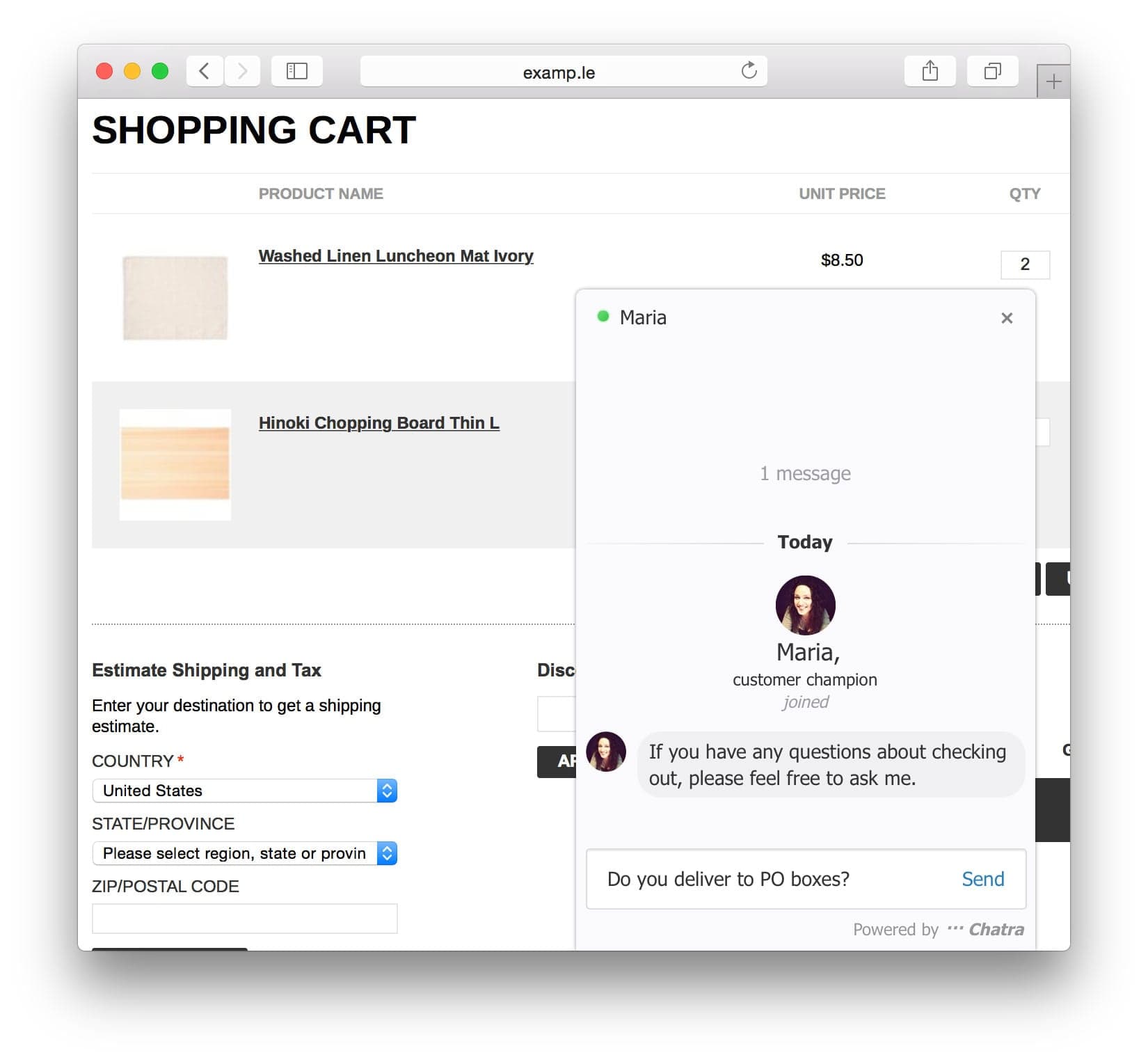A Chatra chat window opened on a shopping cart page, where an agent named Maria says If you have any questions about checking out, please feel free to ask me, and the visitor is typing Do you deliver to PO boxes, as taken from Chatra