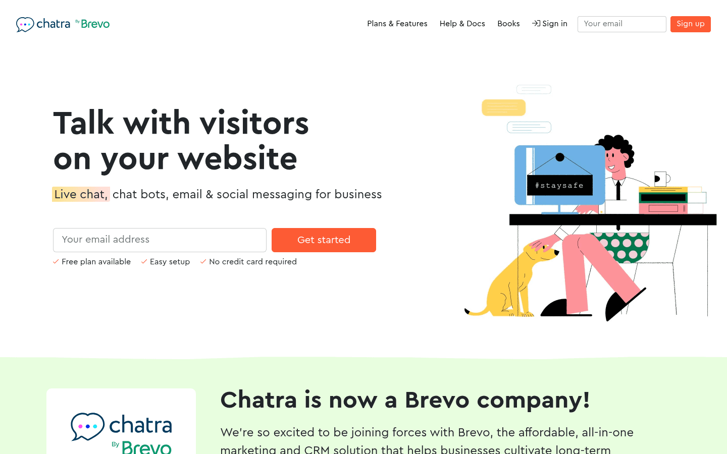 The Chatra homepage with the headline Talk with visitors on your website, a Get started form, Free plan available and No credit card required notes, and a banner below announcing Chatra is now a Brevo company, as taken from Chatra