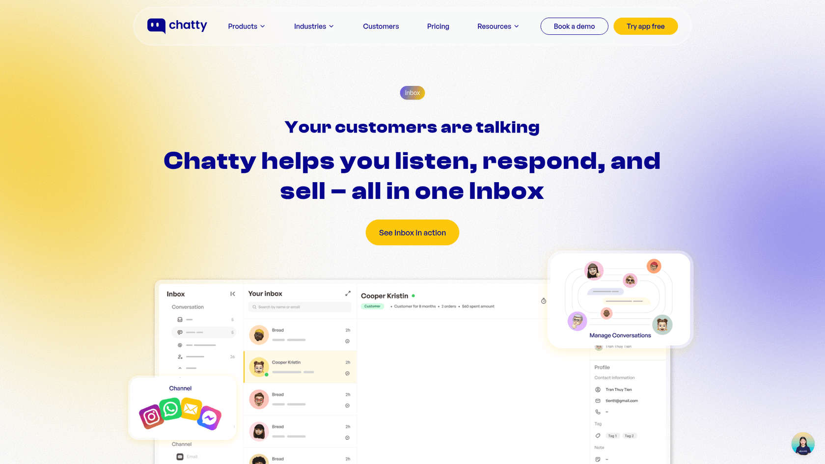 Chatty inbox page showing a unified inbox with conversations, a customer profile with order history, and channel icons for Instagram, WhatsApp, email and Messenger, as taken from Chatty