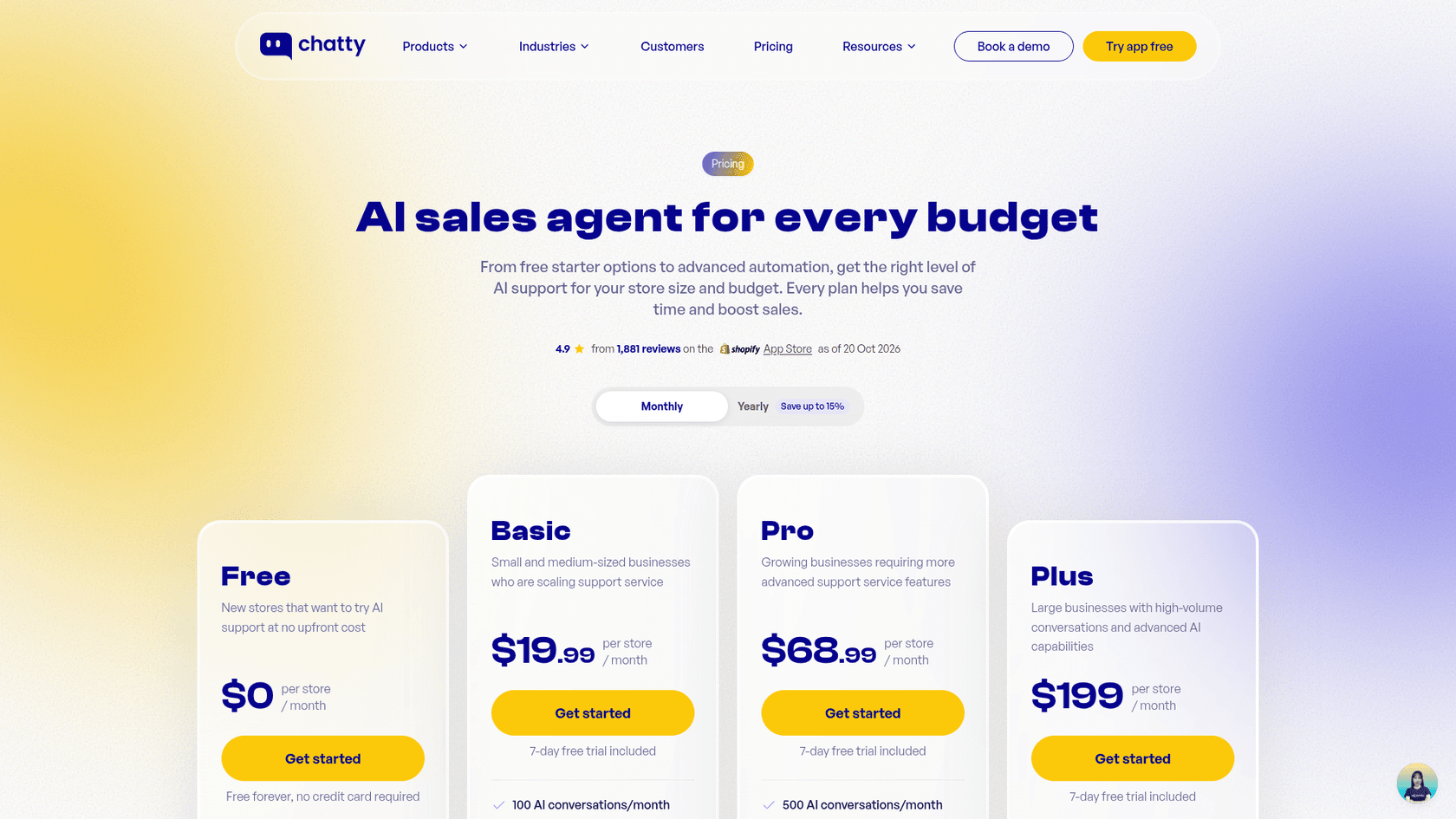 Chatty pricing page showing Free at $0, Basic at $19.99, Pro at $68.99 and Plus at $199 per store per month, as taken from Chatty