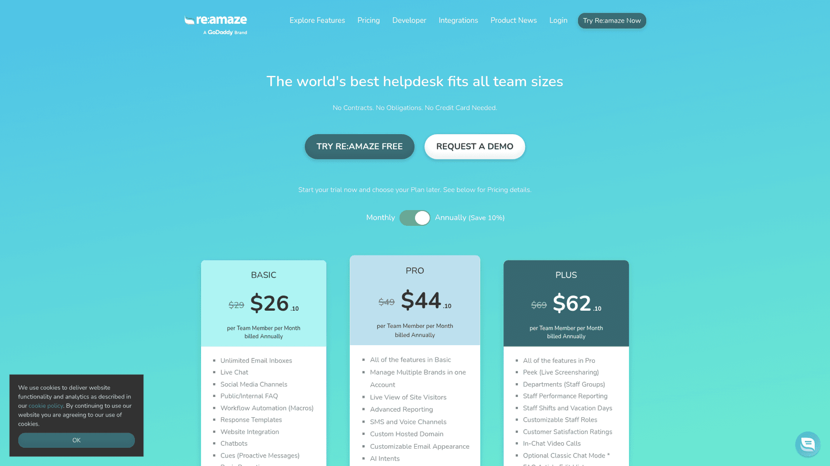 The Re:amaze pricing page with annual billing selected, showing Basic at $26.10, Pro at $44.10 and Plus at $62.10 per team member per month, as taken from Re:amaze