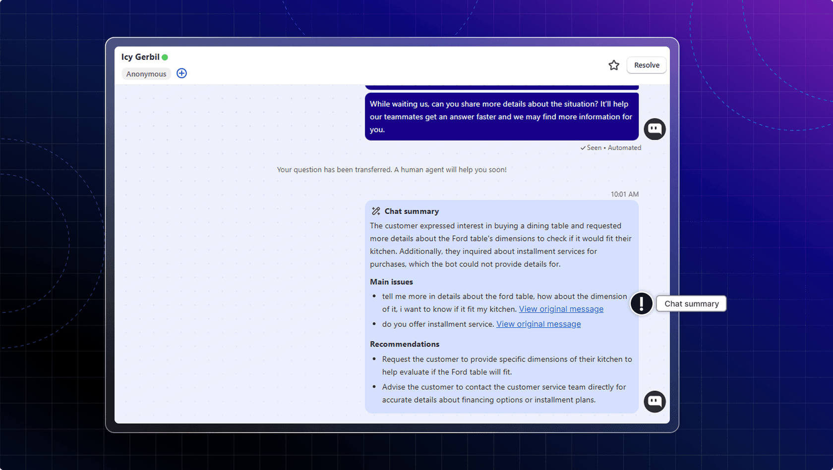 Chatty conversation view after an AI-to-human transfer, with an AI chat summary listing the customer's main issues about a dining table's dimensions and installment options, links to the original messages and recommendations for the agent, as taken from the Chatty help center