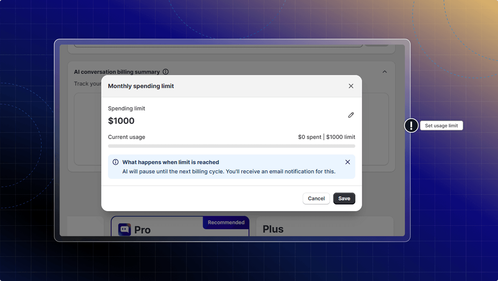 Chatty's monthly spending limit dialog set to $1,000, with current usage at $0 and a note that the AI will pause until the next billing cycle when the limit is reached, as taken from the Chatty help center