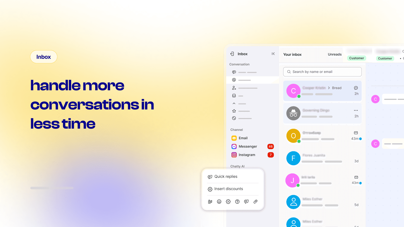 Chatty listing image of the inbox, with conversation filters on the left, Email, Messenger and Instagram channels with unread counts, and a list of customer chats, as taken from Chatty's app listing