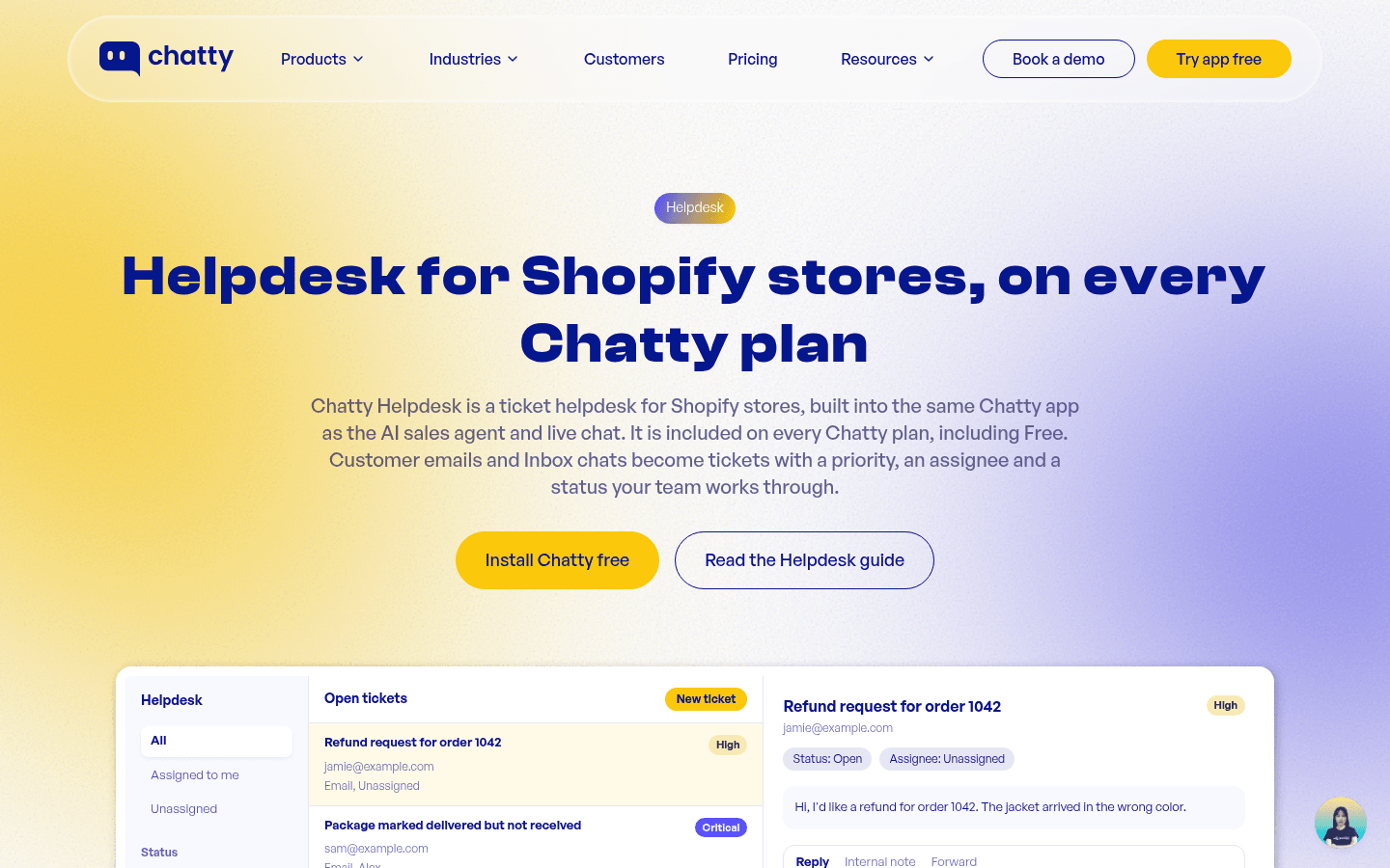 The Chatty Helpdesk page headed Helpdesk for Shopify stores, on every Chatty plan, with an example ticket list showing a refund request marked High and a package-not-received ticket marked Critical, as taken from Chatty