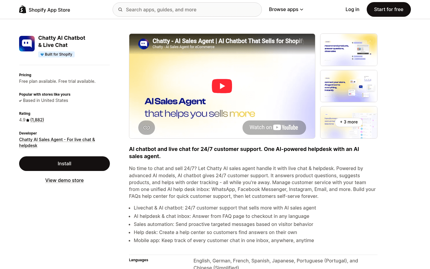 The Chatty AI Chatbot and Live Chat listing on the Shopify App Store, showing the Built for Shopify badge, a free plan, a 4.9 rating from 1,882 reviews and the five headline features, as taken from the Shopify App Store